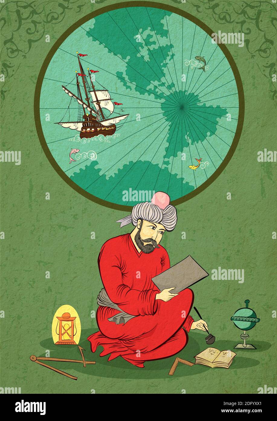 Illustration d'un homme ancien vit au Moyen-Orient, calculant le cours du navire de guerre. Dessiné en miniature. Banque D'Images