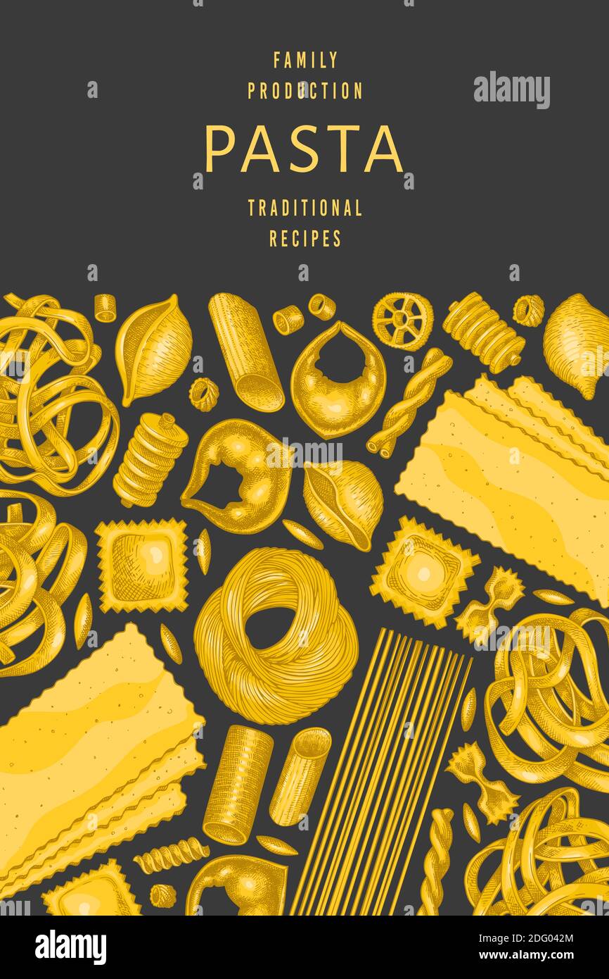 Modèle de pâtes italiennes. Illustration d'aliments vectoriels dessinés à la main. Pâtes millésime de différents types de fond. Illustration de Vecteur