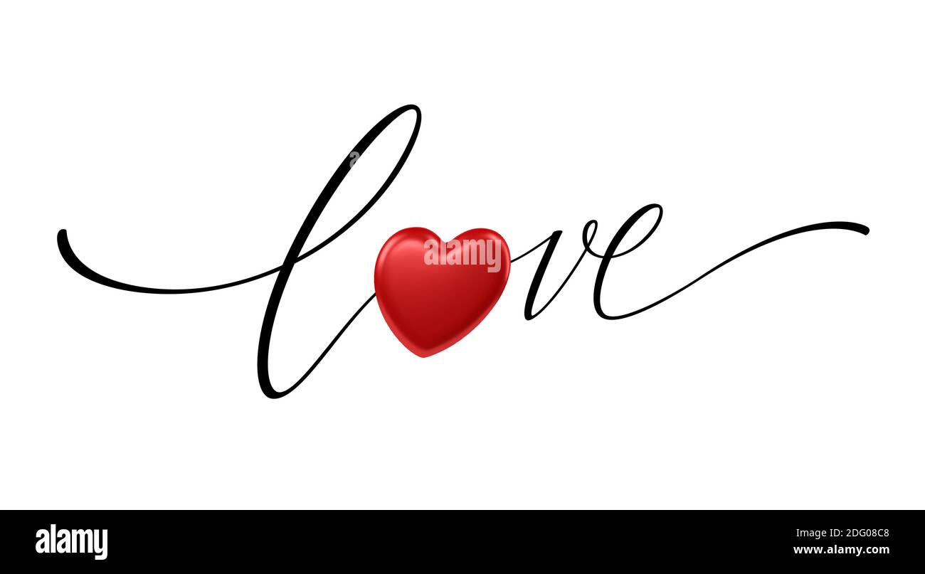 Joyeux Saint Valentin amour lettering avec coeur rouge brillant réaliste isolé sur fond blanc. Pour le design festif de la circulaire, de l'affiche, de la carte, de la bannière Illustration de Vecteur