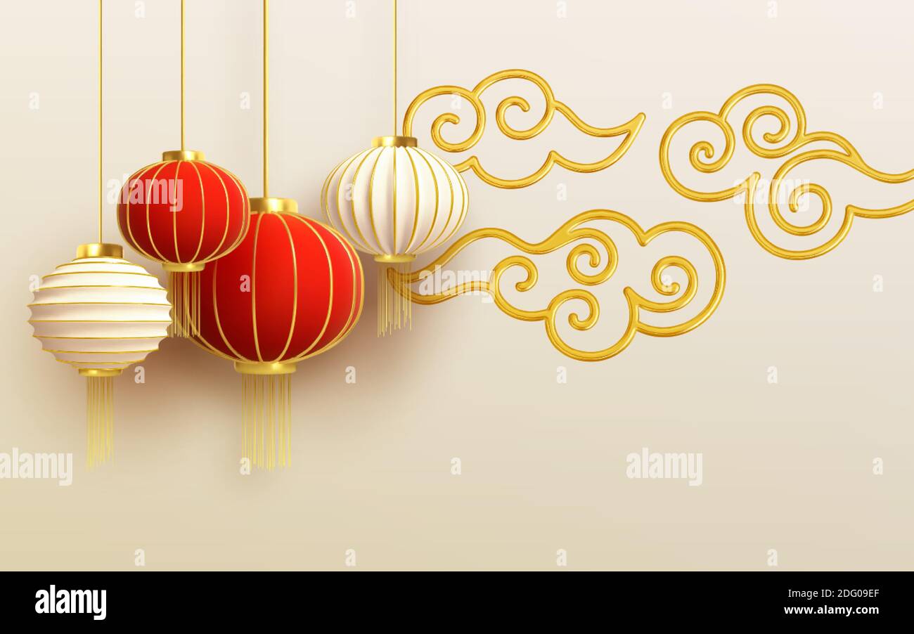 Modèle de conception de la nouvelle année chinoise avec lanternes rouges et nuages sur fond clair. Illustration vectorielle Illustration de Vecteur
