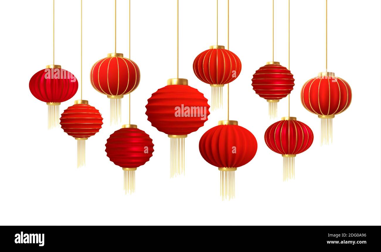 Ensemble de lanternes chinoises en or rouge réalistes isolées sur fond blanc. Illustration vectorielle Illustration de Vecteur