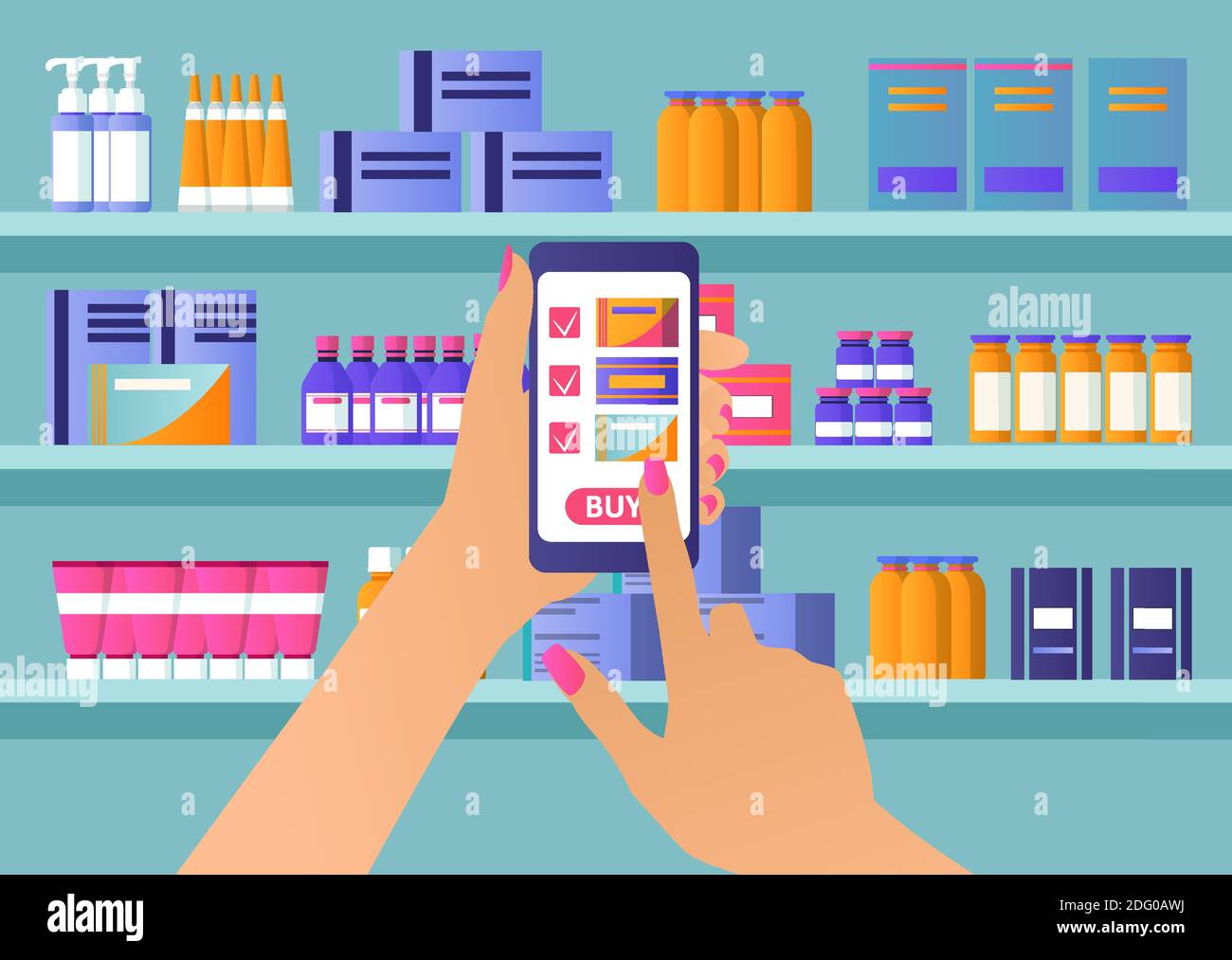 Vecteur d'une femme remplissant la prescription de pharmacie en ligne à l'aide d'un smartphone application Illustration de Vecteur