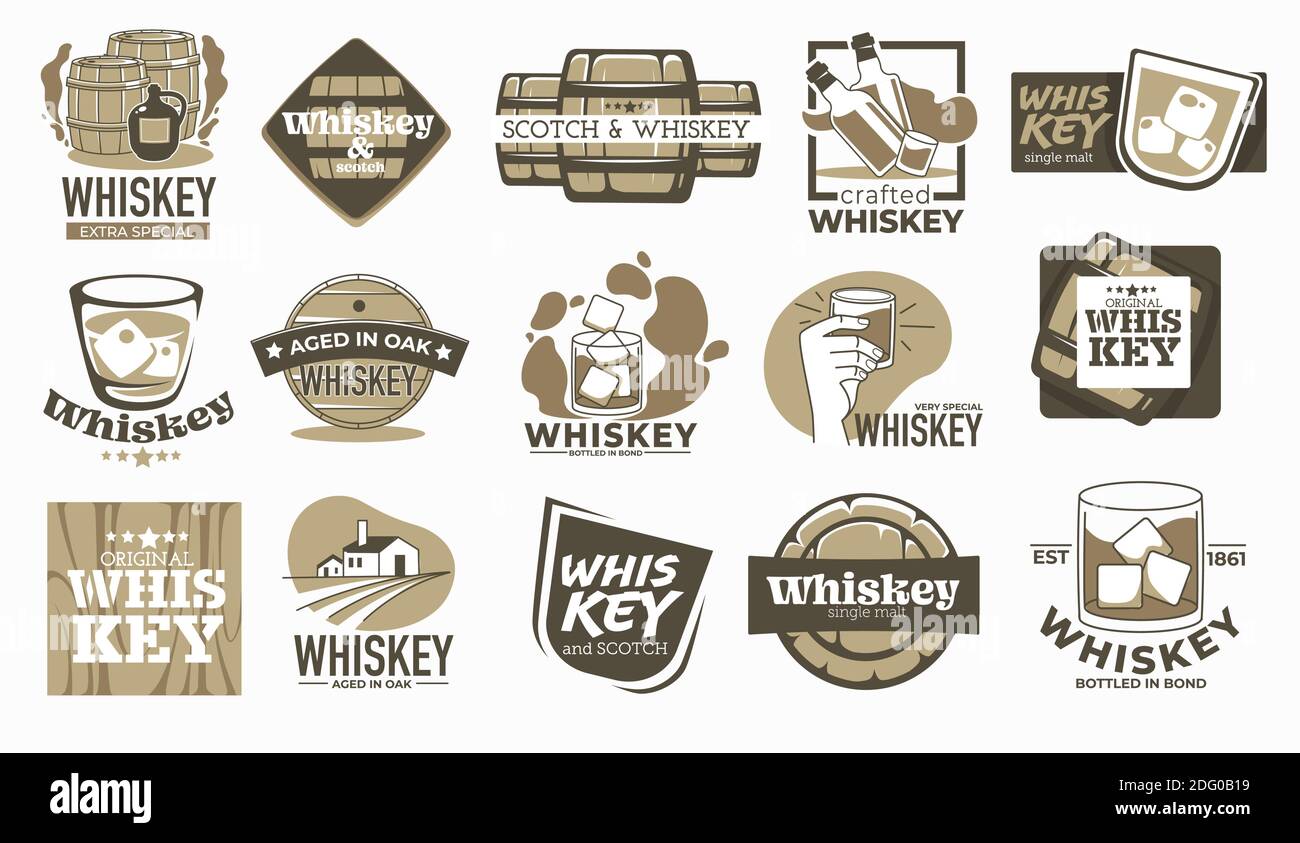 Société de brassage Whiskey et étiquettes de production Illustration de Vecteur