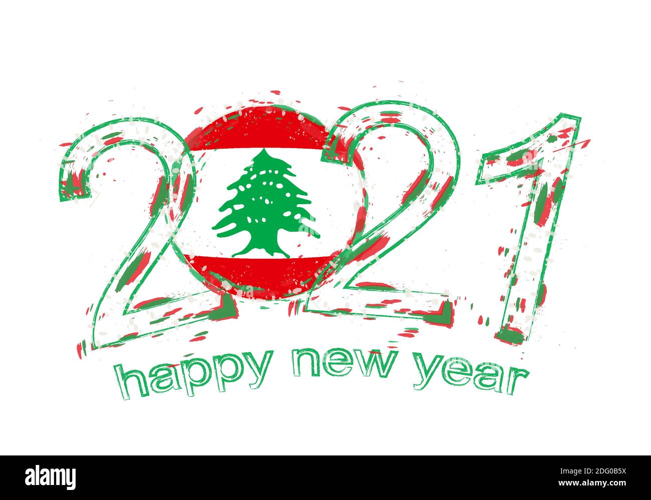 Bonne année 2021 avec drapeau du Liban. Illustration du vecteur grunge des fêtes. Illustration de Vecteur