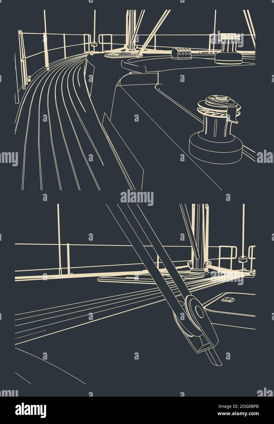 Croquis vectoriels du pont, du treuil et de l'attirail d'un yacht à voile de près Illustration de Vecteur