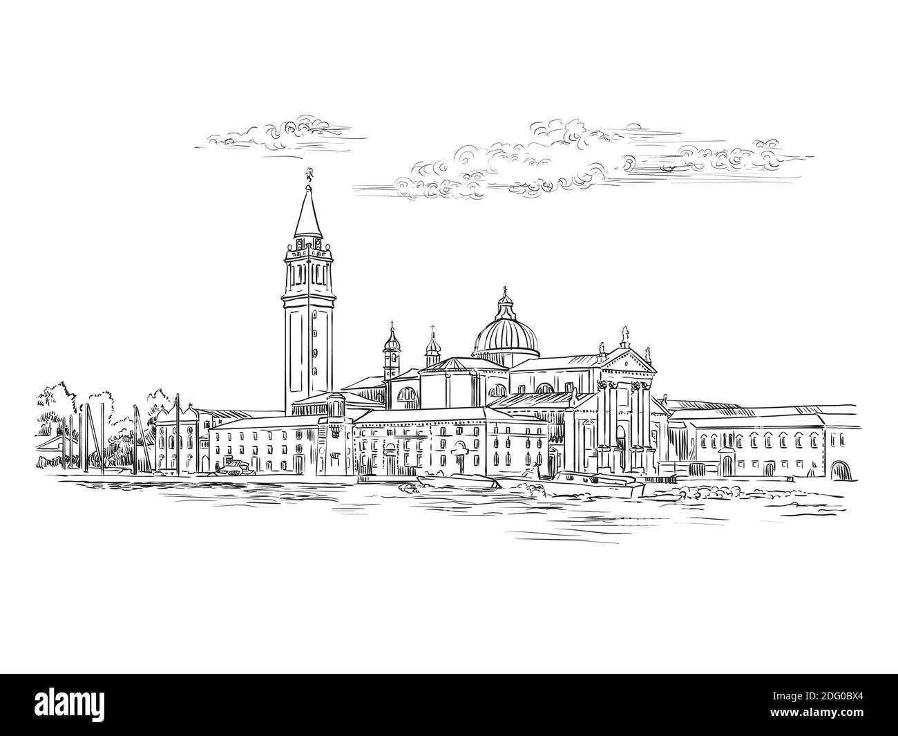 Dessin vectoriel à la main illustration de la vue panoramique de Venise. Esquisse de Venise dessinée à la main en noir, isolée sur fond blanc. Déplacement Illustration de Vecteur