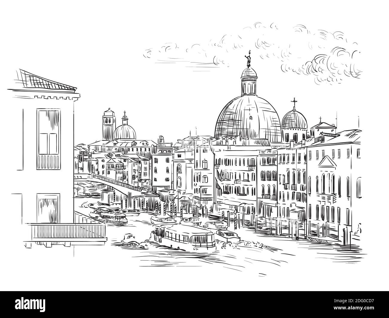 Dessin vectoriel à la main illustration du Grand Canal à Venise. Venise Skyline esquisse dessinée à la main dans une couleur noire isolée sur fond blanc. Déplacement Illustration de Vecteur