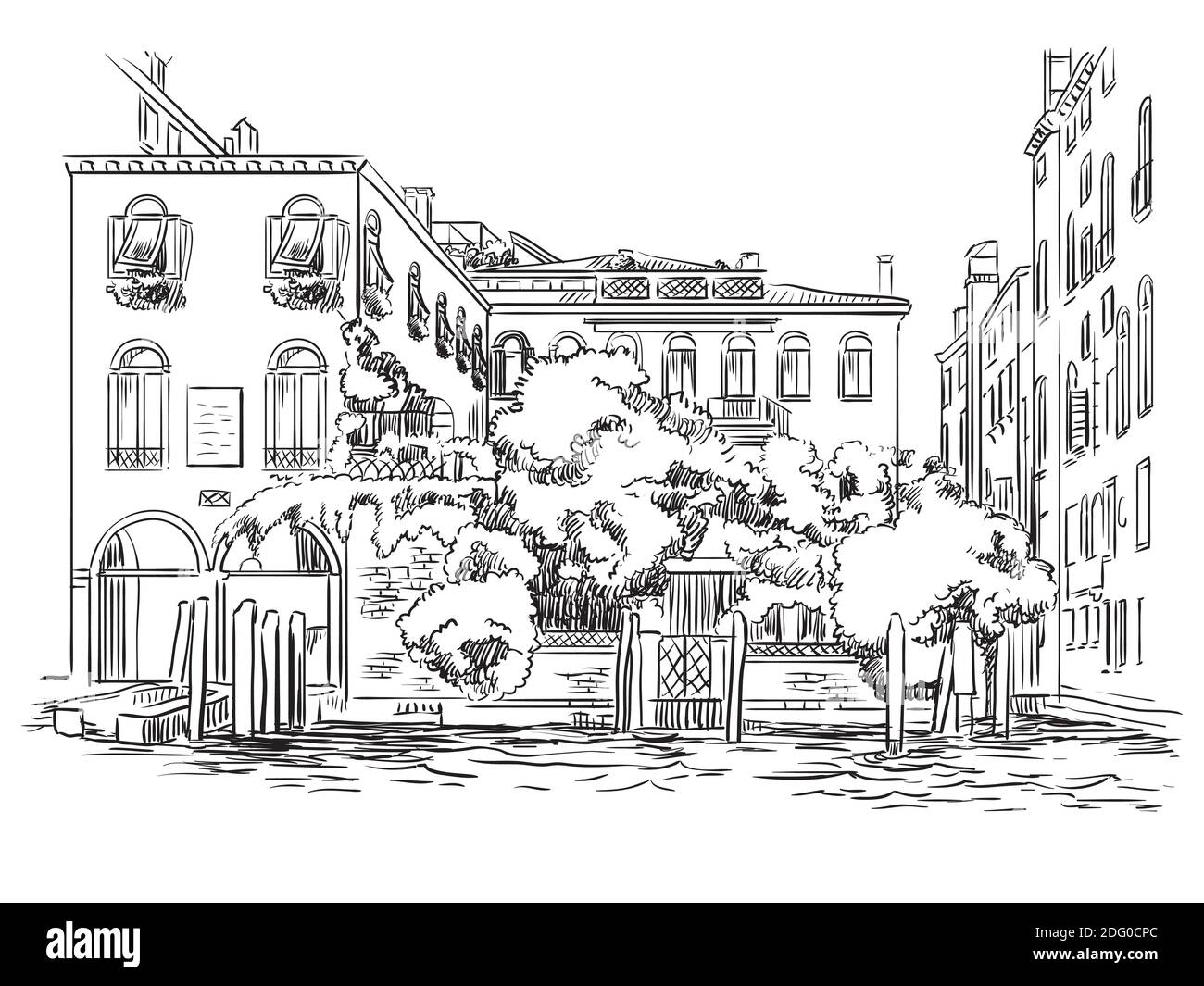 Illustration vectorielle à la main de Venise. Venise paysage urbain croquis dessiné à la main en noir isolé sur fond blanc. Concept de voyage. Pour l'impression Illustration de Vecteur