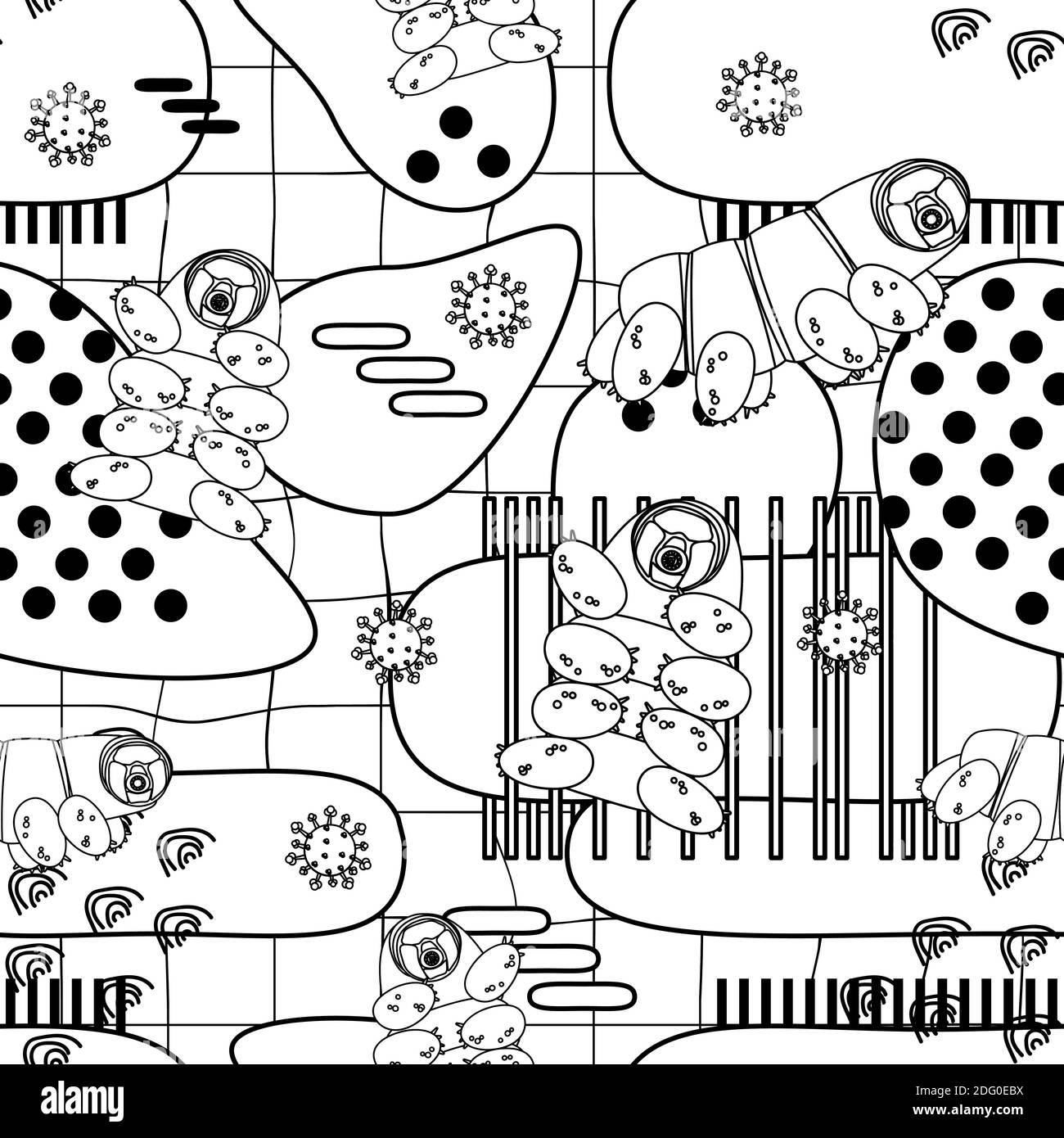 Noir blanc tardigrade, ours en eau ou porcelets de mousse vecteur répéter sans couture motif avec des lignes et des points Illustration de Vecteur