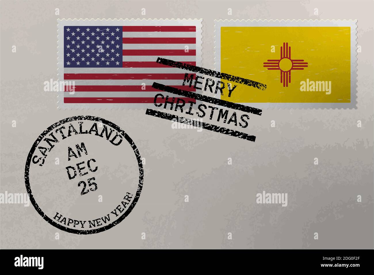 Enveloppe de timbre-poste avec drapeau du Nouveau-Mexique et des États-Unis et timbres de Noël et du nouvel an, vecteur Illustration de Vecteur