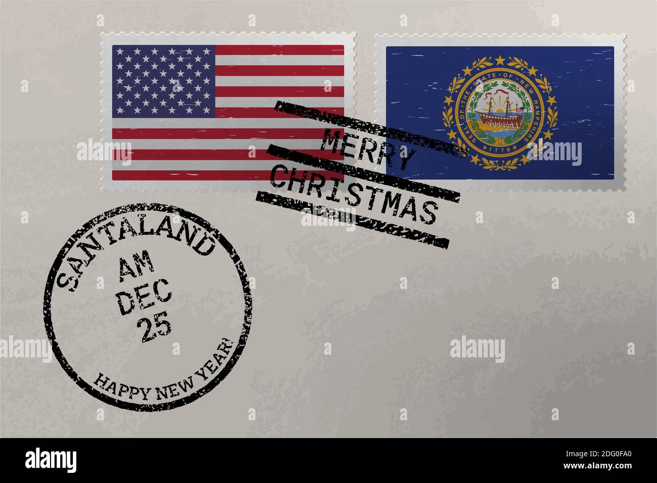 Enveloppe de timbre-poste avec drapeau du New Hampshire et des États-Unis et timbres de Noël et du nouvel an, vecteur Illustration de Vecteur