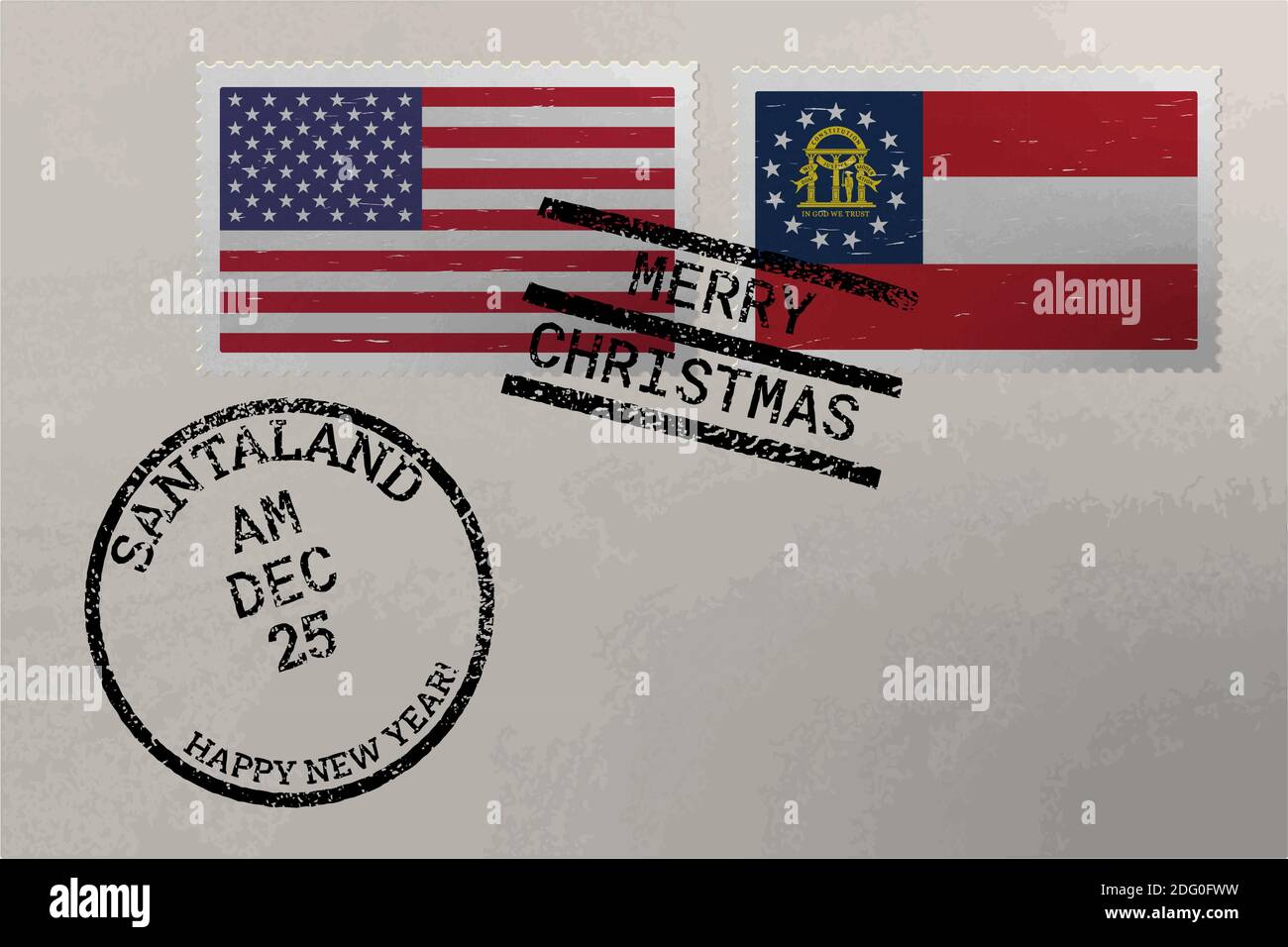 Enveloppe de timbre-poste avec drapeau de la Géorgie et des États-Unis et timbres de Noël et du nouvel an, vecteur Illustration de Vecteur