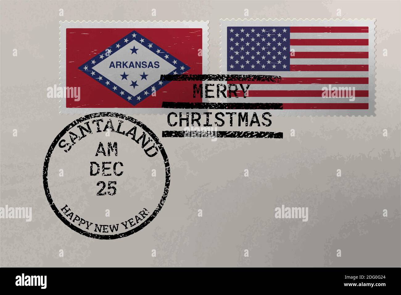 Enveloppe de timbre-poste avec drapeau Arkansas et USA et timbres de Noël et du nouvel an, vecteur Illustration de Vecteur