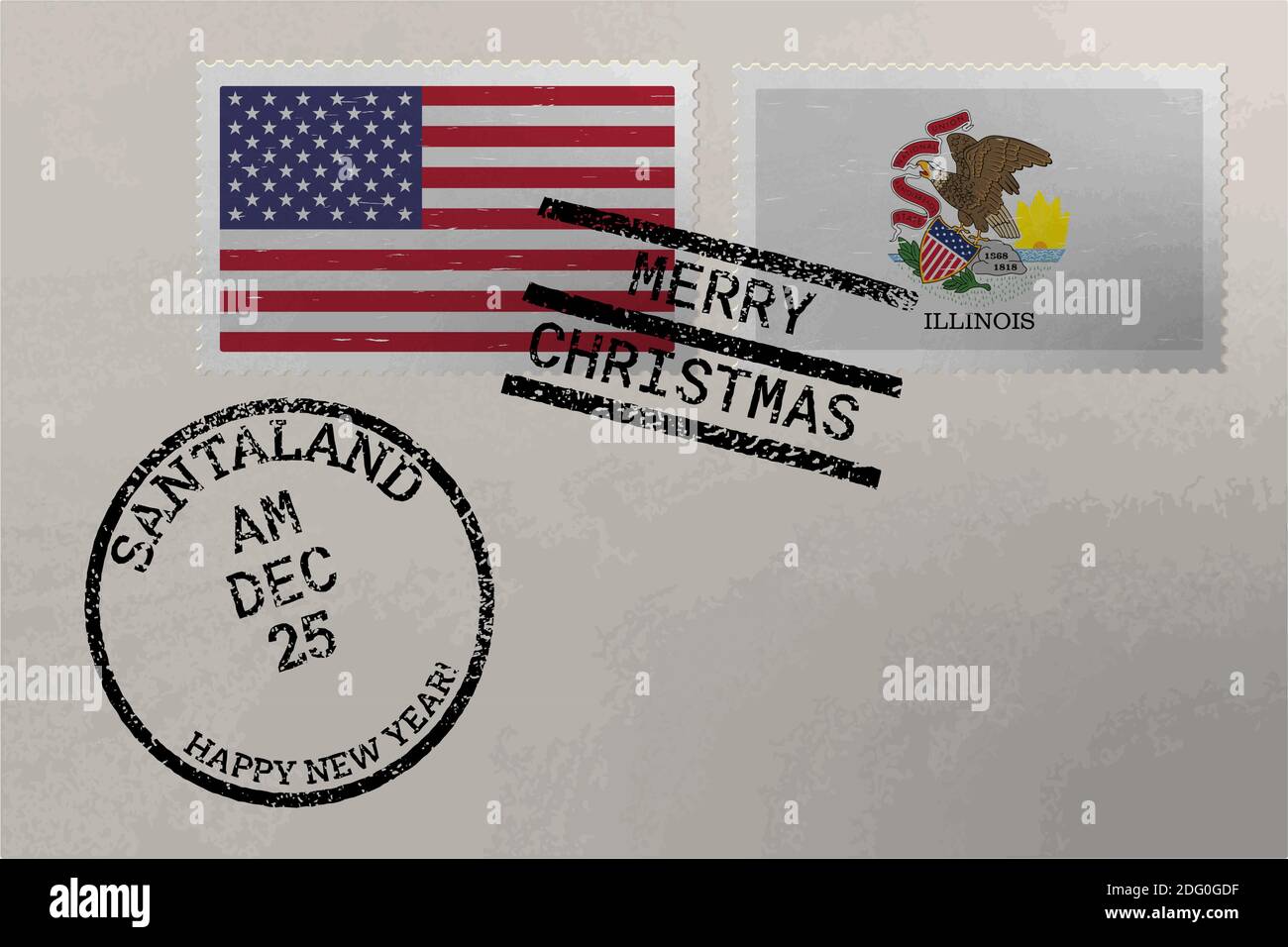 Enveloppe de timbre-poste avec drapeau de l'Illinois et des États-Unis et timbres de Noël et du nouvel an, vecteur Illustration de Vecteur