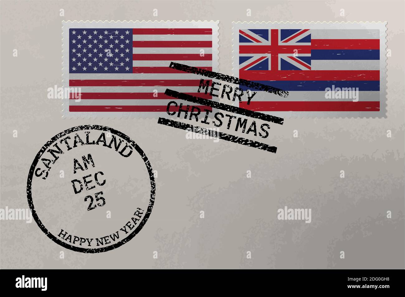 Enveloppe de timbre-poste avec drapeau d'Hawaï et des États-Unis et timbres de Noël et du nouvel an, vecteur Illustration de Vecteur