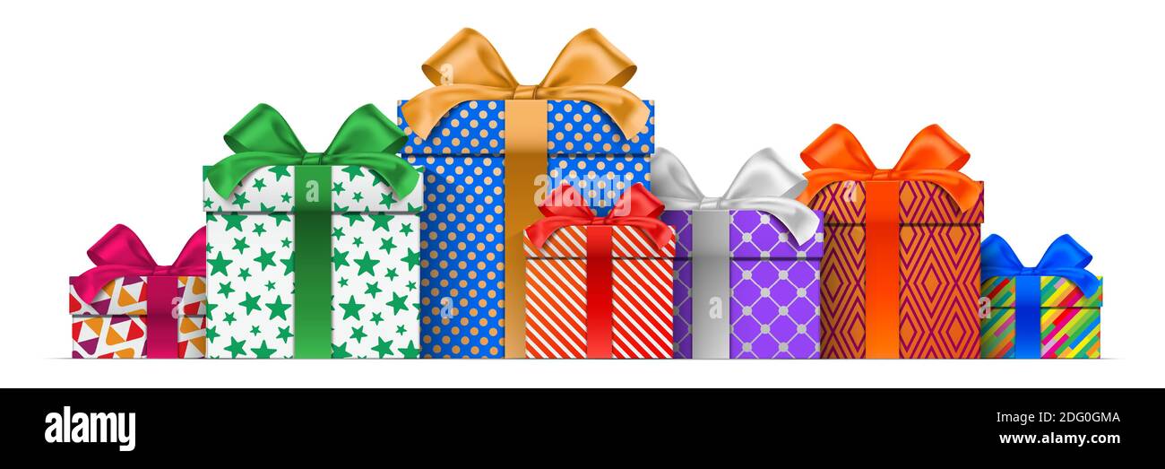 Boîtes-cadeaux de différentes hauteurs, avec motifs d'emballage colorés, isolées sur fond blanc. Bannière vectorielle horizontale avec boîtes cadeau incluses. Illustration de Vecteur