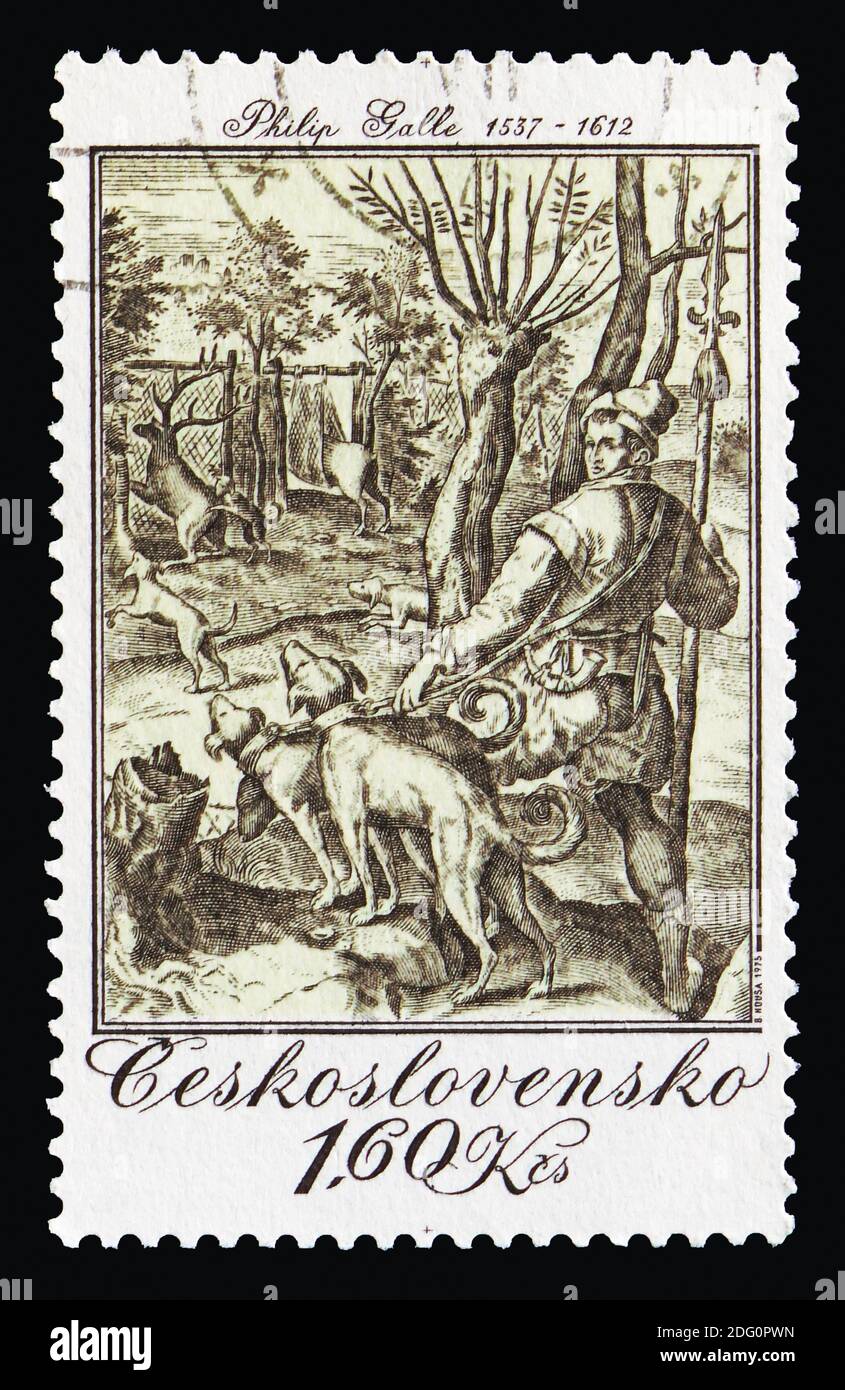 MOSCOU, RUSSIE - 18 AOÛT 2018 : un timbre imprimé en Tchécoslovaquie montre Deer Hunt, de Philip Galle (1578), thèmes de chasse des anciennes gravures, c Banque D'Images