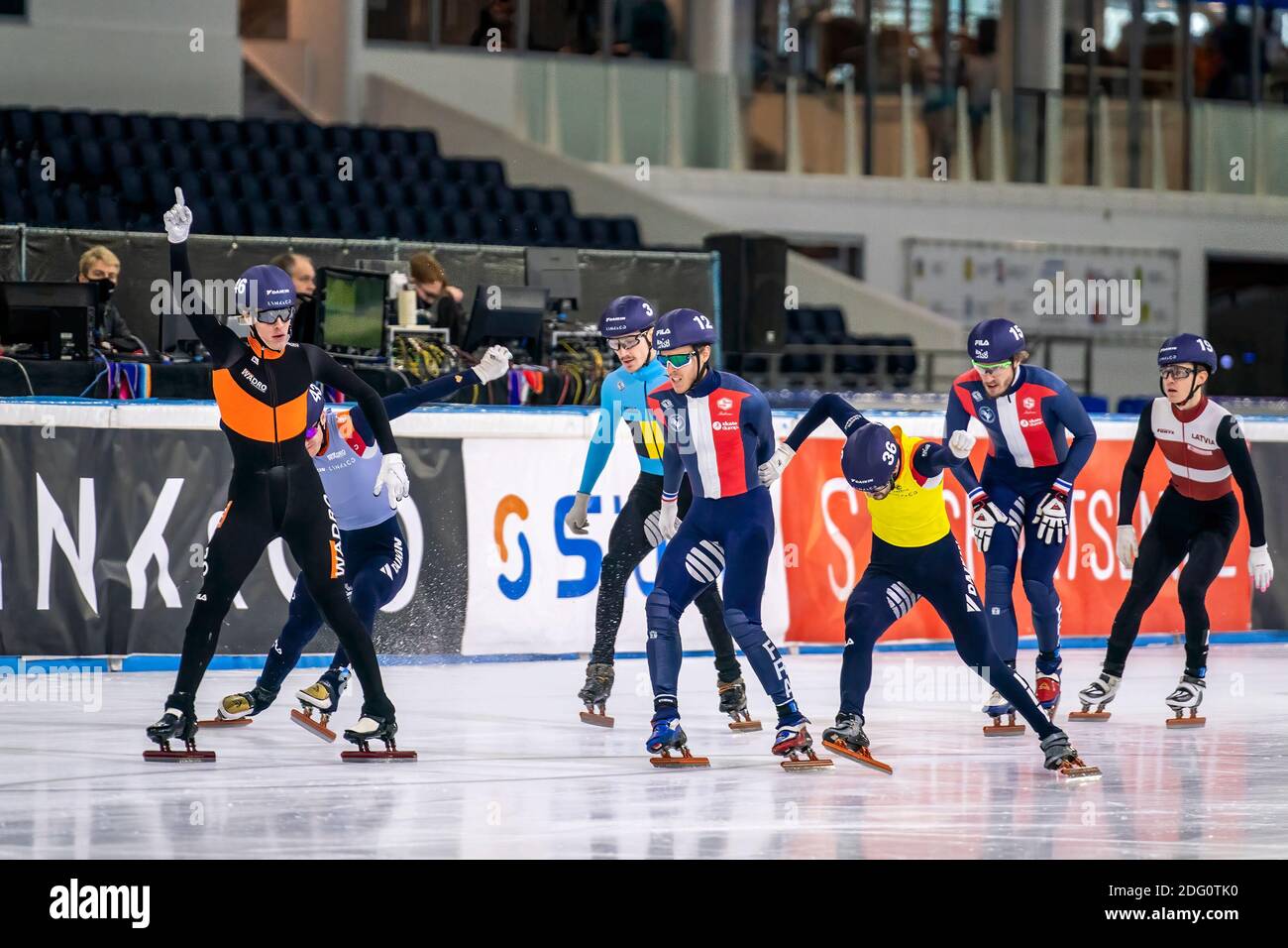 HEERENVEEN, PAYS-BAS - DÉCEMBRE 5 : Jens van t Wout, Stijn Desmet, Quentin Fercoq, Itzhak de Laat, Sébastien Lapape, Reinis Berzins pendant le court-circuit Banque D'Images