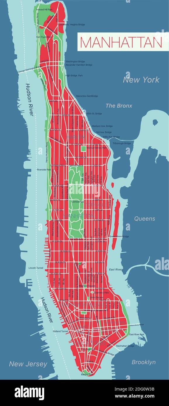 Lower et Mid Manhattan à New York carte vectorielle modifiable détaillée avec rues, sites géographiques, routes. Fichier vectoriel EPS-10, schéma de couleurs tendance Illustration de Vecteur