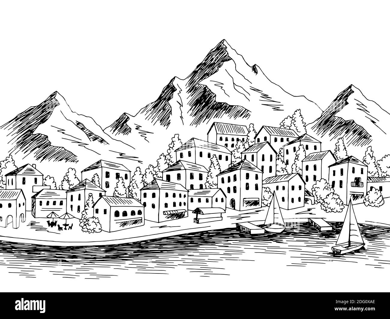 Ville mer graphique noir blanc baie paysage esquisse illustration vecteur Illustration de Vecteur