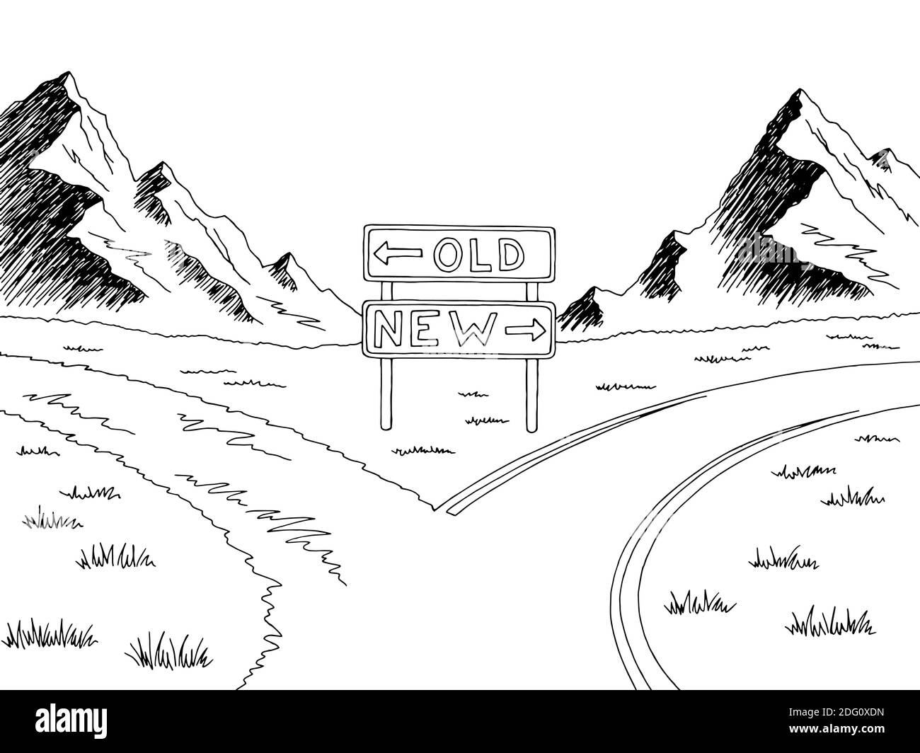 Fourche de route ancienne nouvelle voie graphique de marque noir blanc paysage vecteur d'illustration d'esquisse Illustration de Vecteur