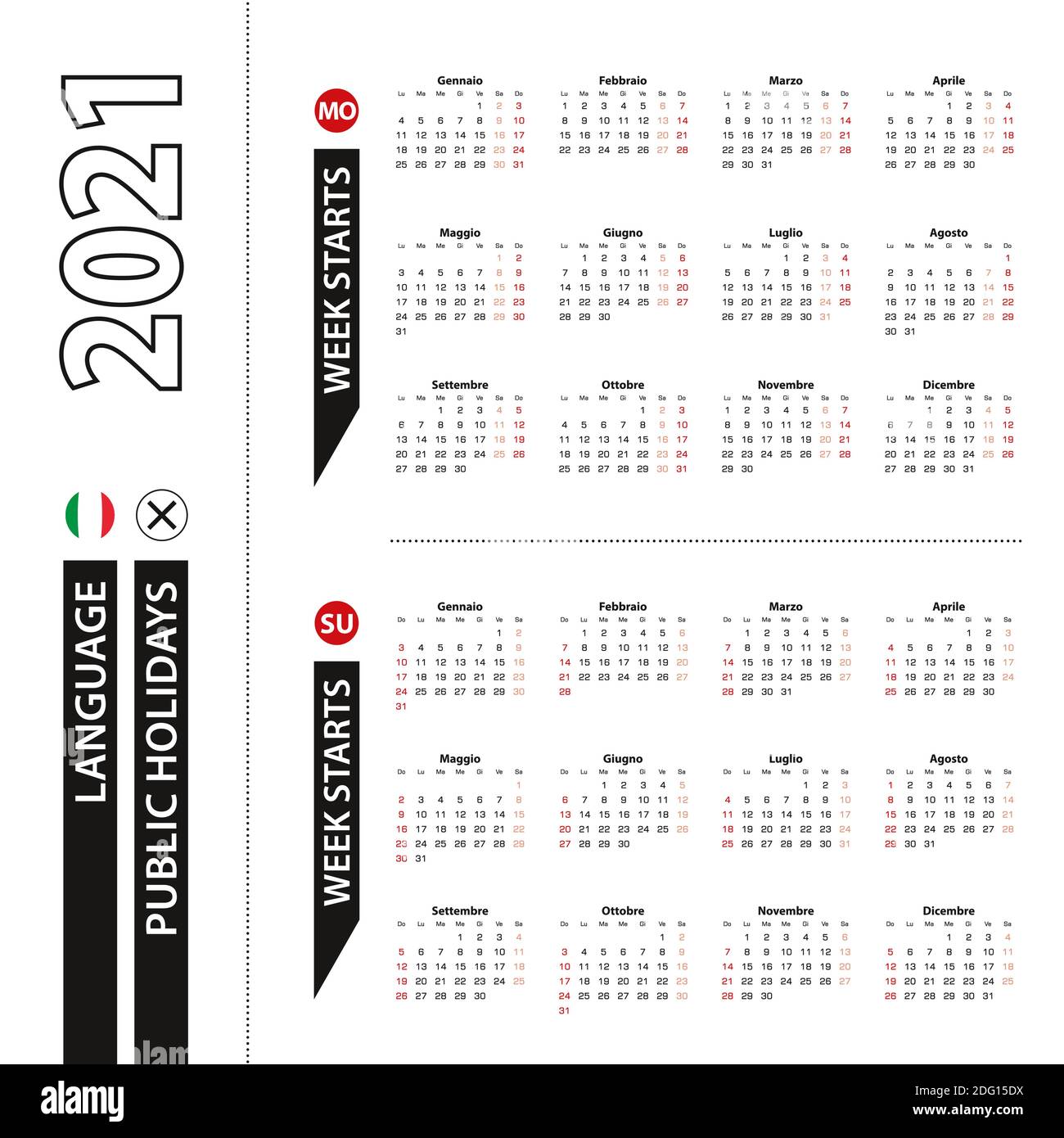 Calendrier 21 en langue italienne avec jours fériés le pays de l'Italie en 21. La semaine commence le lundi. Illustration vectorielle Image Vectorielle Stock - Alamy