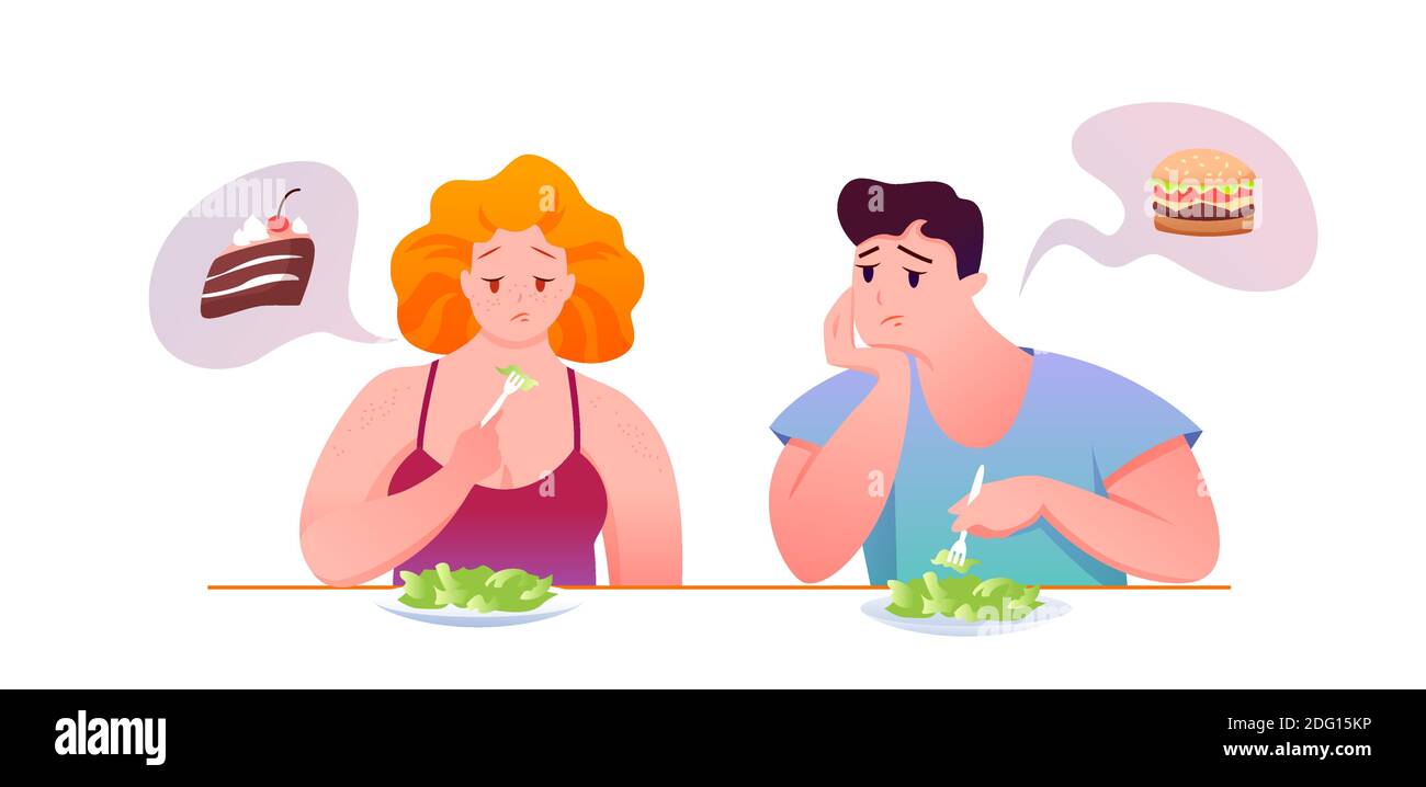 Les gens gras tristes mangent de la salade verte, rêvant d'une nourriture malsaine Illustration de Vecteur