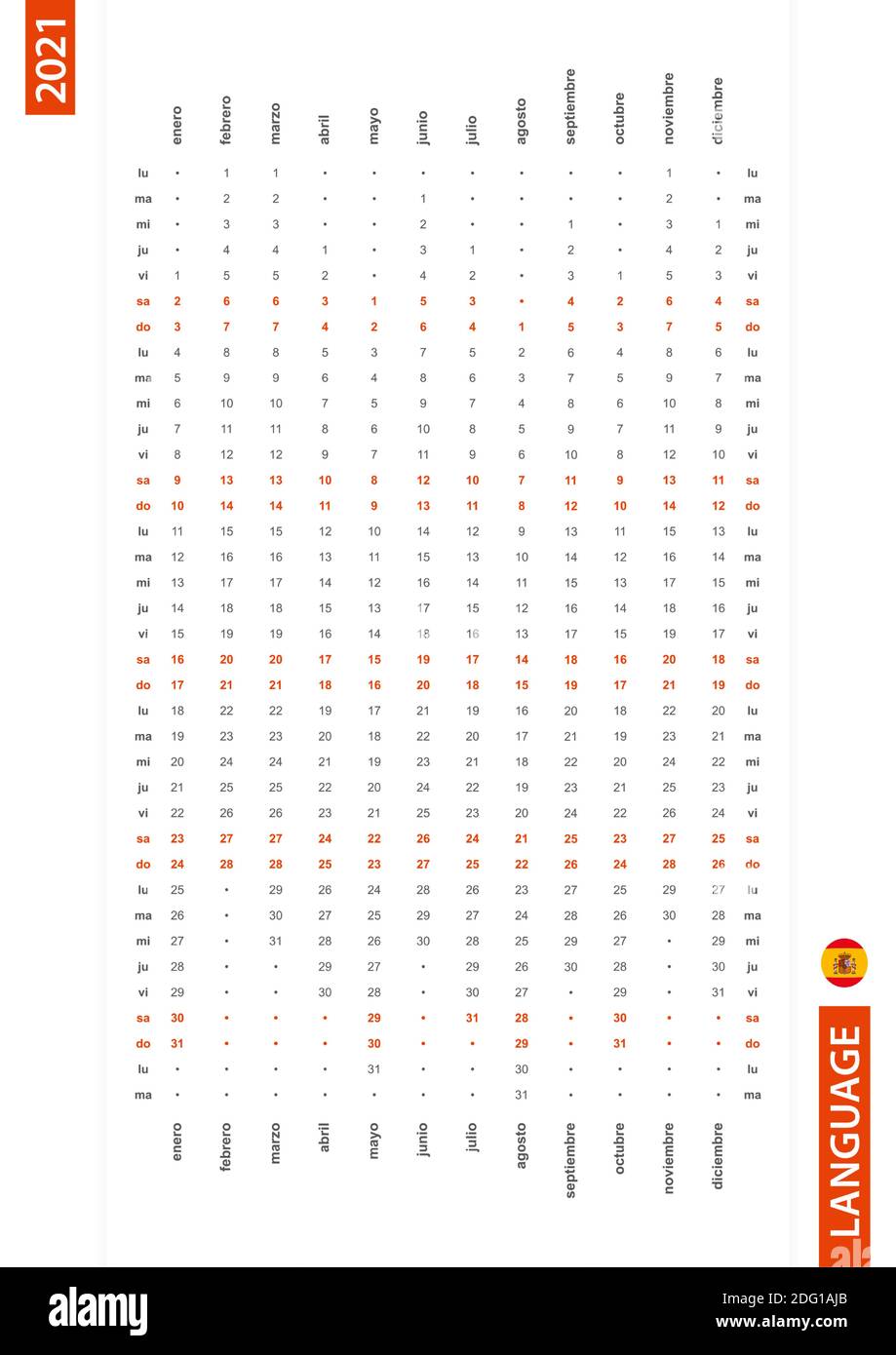 Espagnol une ligne calendrier vertical 2021, lundi premier jour de la semaine. Calendrier vectoriel en espagnol. Illustration de Vecteur