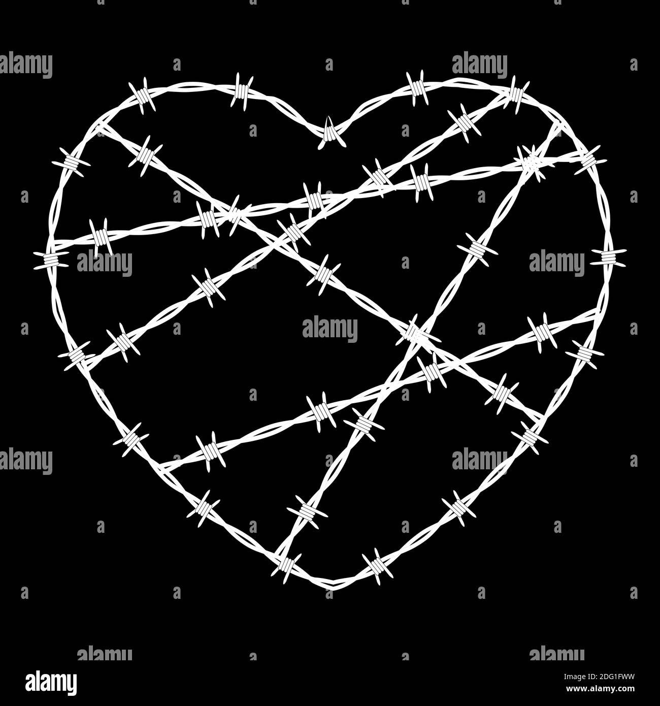 Symbole de conclusion en forme de cœur, signe. Fil barbelé isolé sur fond blanc. Illustration Banque D'Images
