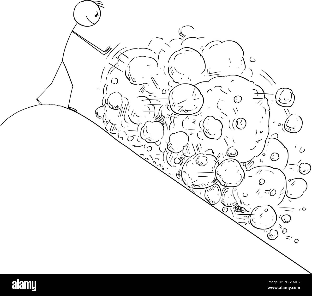 Dessin vectoriel bâton figure illustration de l'homme sur le sommet de la montagne créant une avalanche de rochers tombant en bas de la colline. Illustration de Vecteur