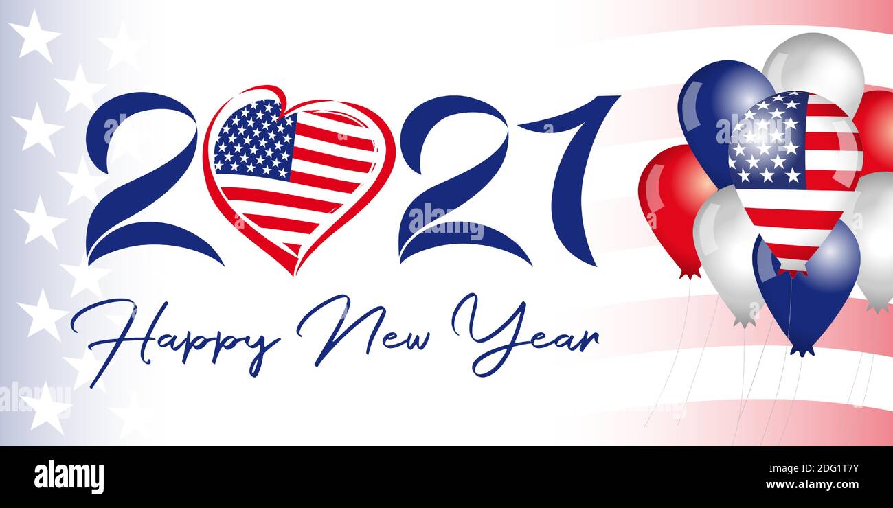 2021 bonne année USA bannière patriotique avec ballons et drapeau dans le coeur. Illustration vectorielle Love US avec typographie de vacances pour carte de vœux Illustration de Vecteur