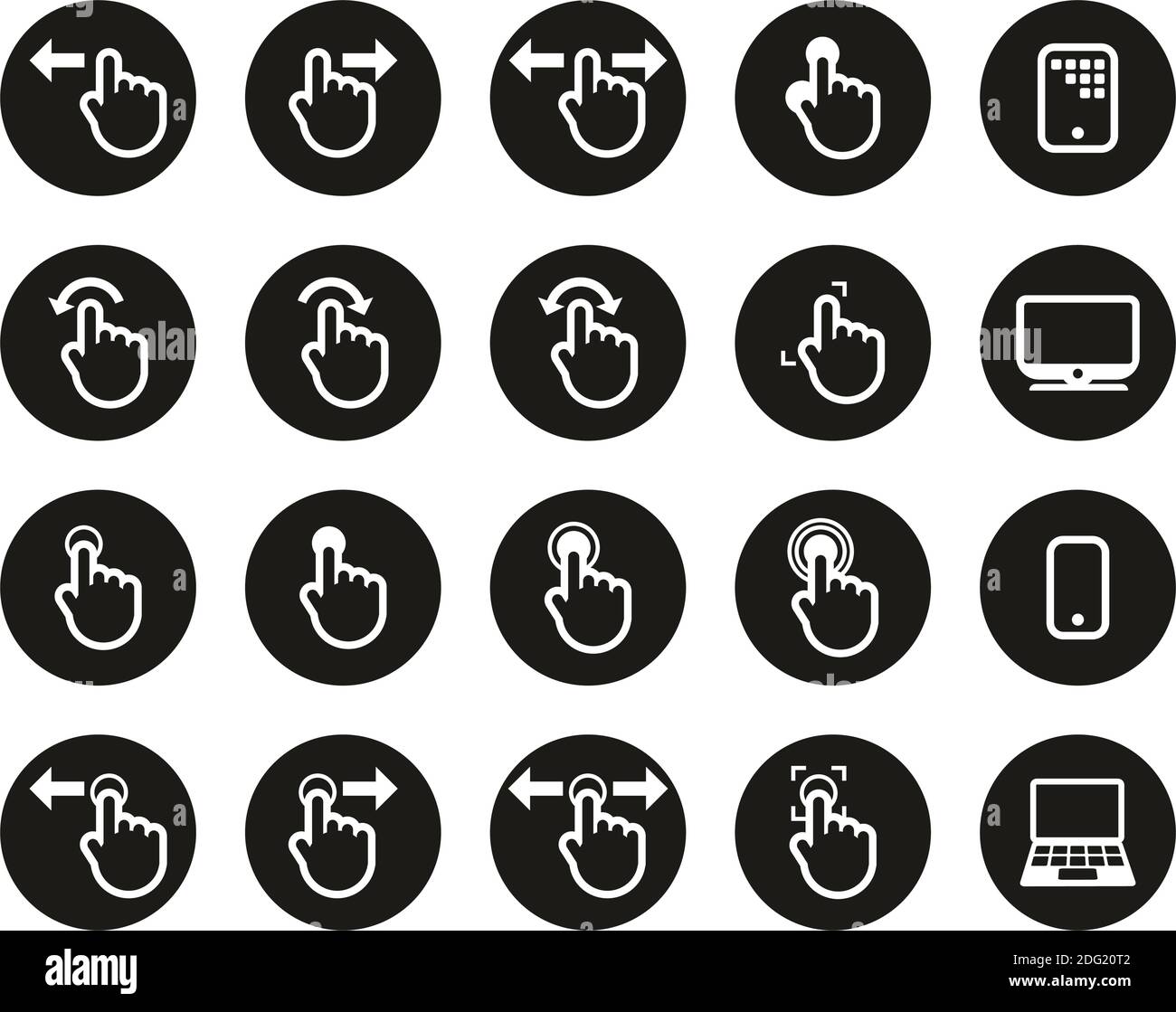 Icônes de l'écran tactile blanc sur noir Design plat cercle Set Big Illustration de Vecteur