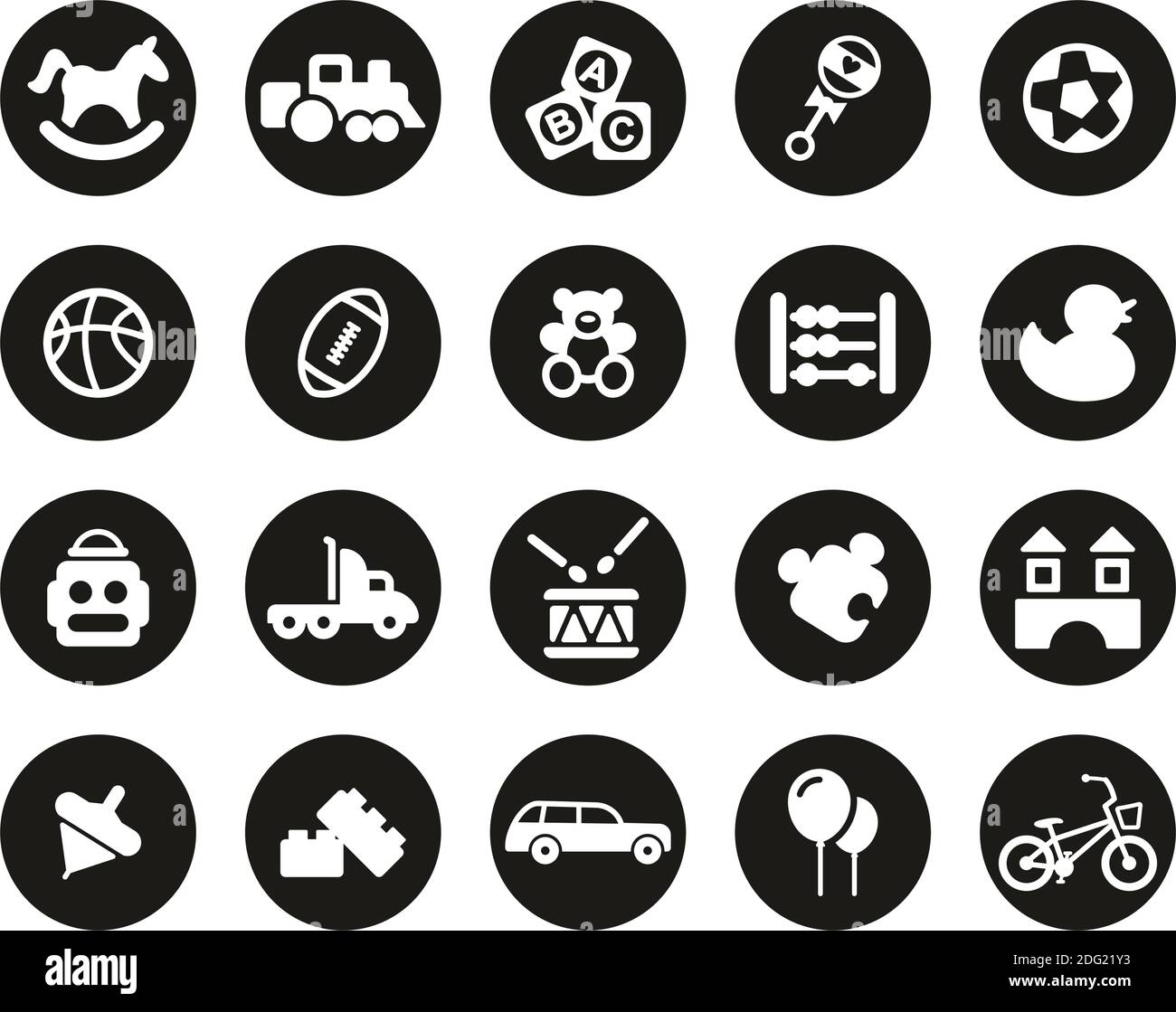 Jouets icônes blanc sur noir plat Design cercle ensemble grand Illustration de Vecteur