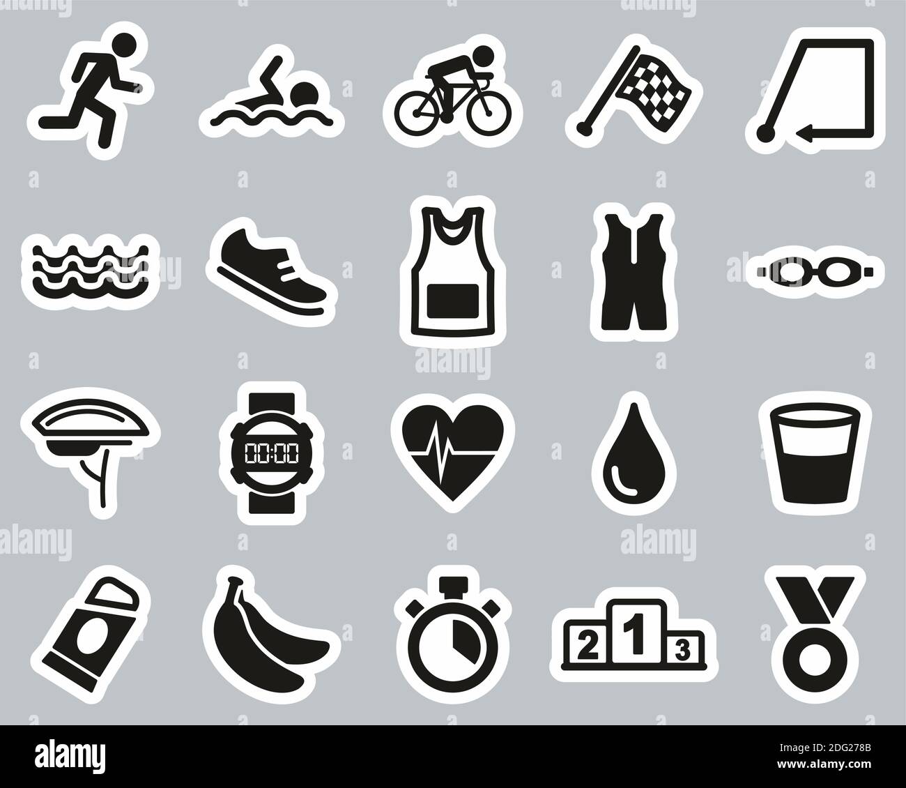 Jeu d'autocollants noir et blanc Triathlon Race & Equipment Icons Grande Illustration de Vecteur