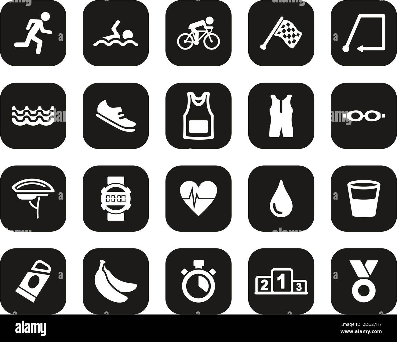 Triathlon Race & Equipment Icons White on Black Flat Design Définir grand Illustration de Vecteur