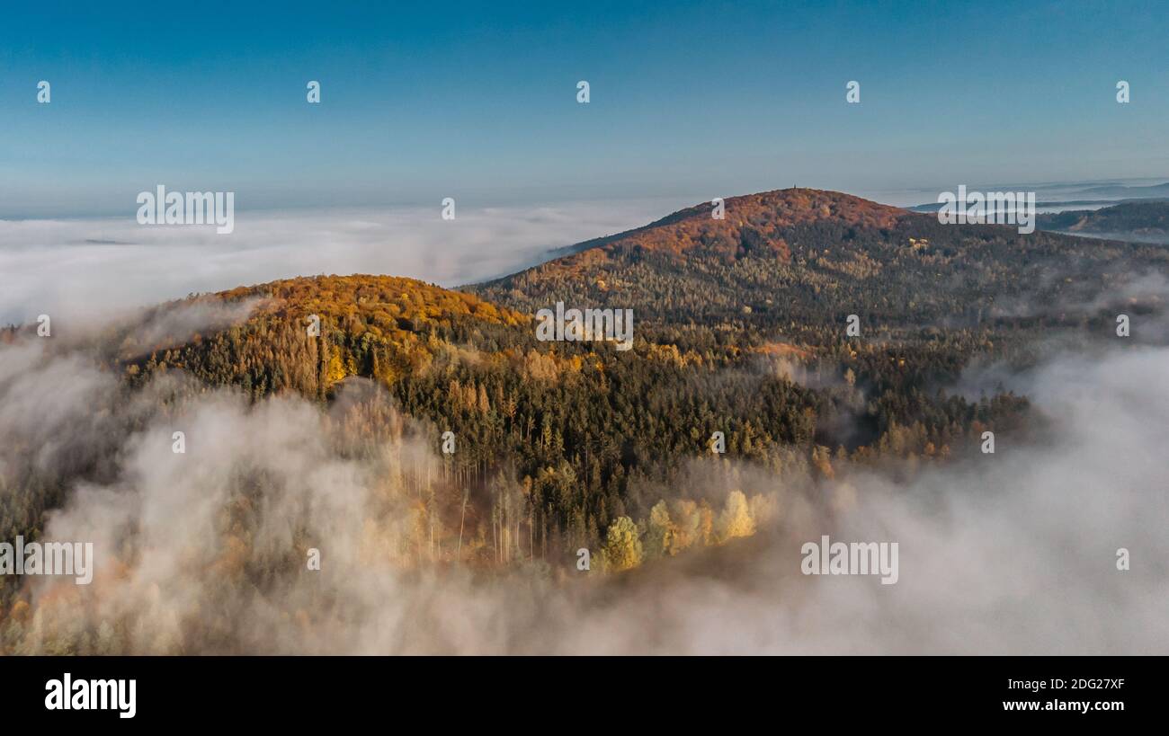 Vue aérienne du paysage brumeux du matin. Automne automne paysage paisible. Atmosphère brumeuse et calme. Photo de drone des montagnes tchèques. Arbres dans le brouillard. Conte de fées Banque D'Images