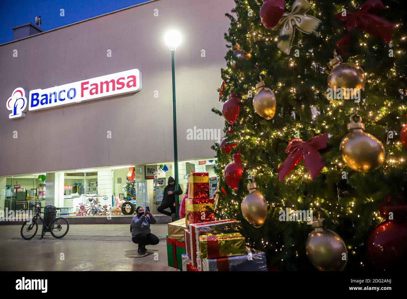 Les enfants et les adultes prennent des photos du nouvel arbre de Noël dans le centre de Hermosillo, au Mexique. Diciembre 2020. © (photo de Luis Gutierrez/Norte photo) Niños y adultos se toman fotos el nuevo arbol de la Navidad en el centro de Hermosillo, Mexique Banque D'Images