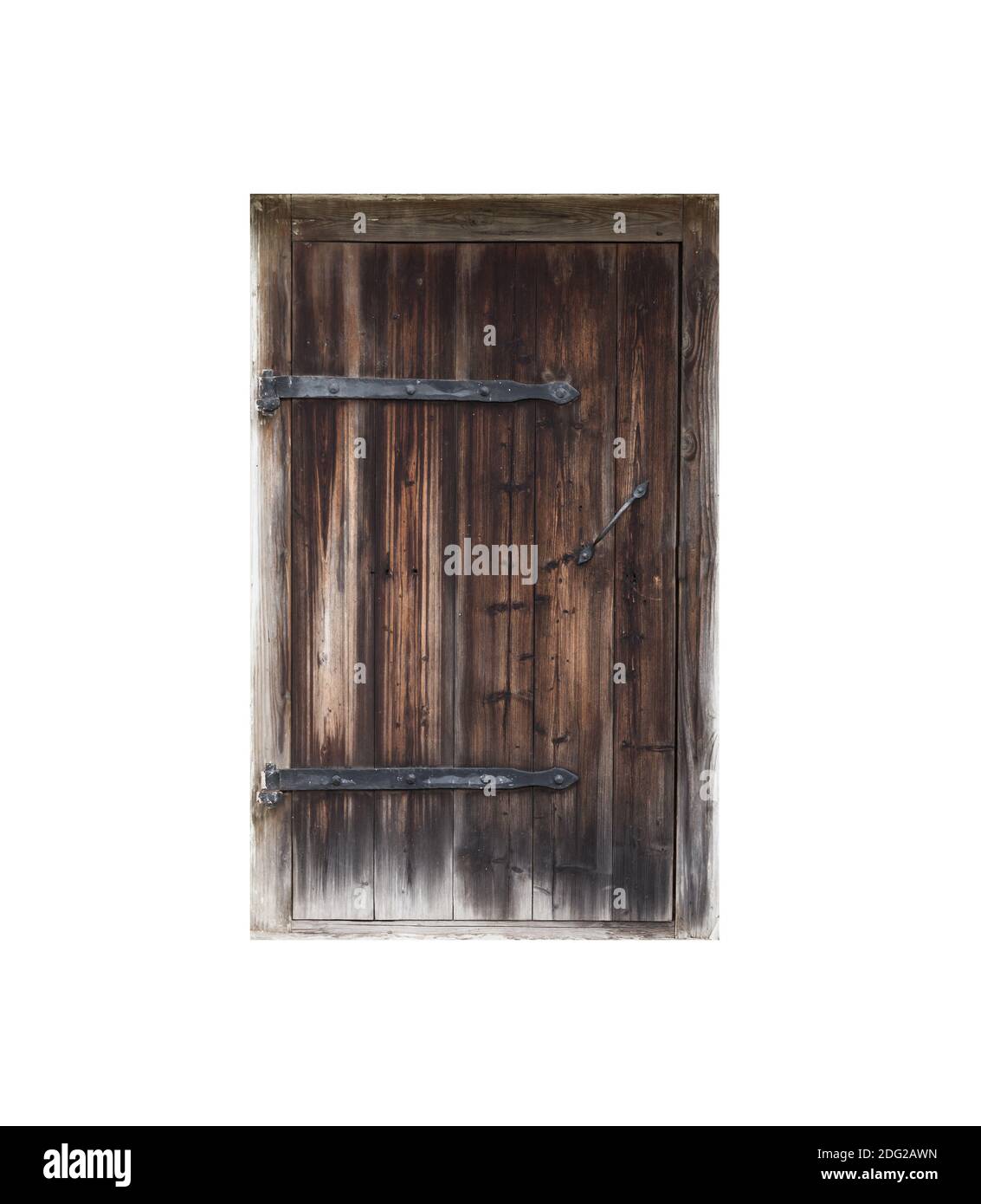 Ancienne porte en bois marron isolée sur fond blanc Banque D'Images
