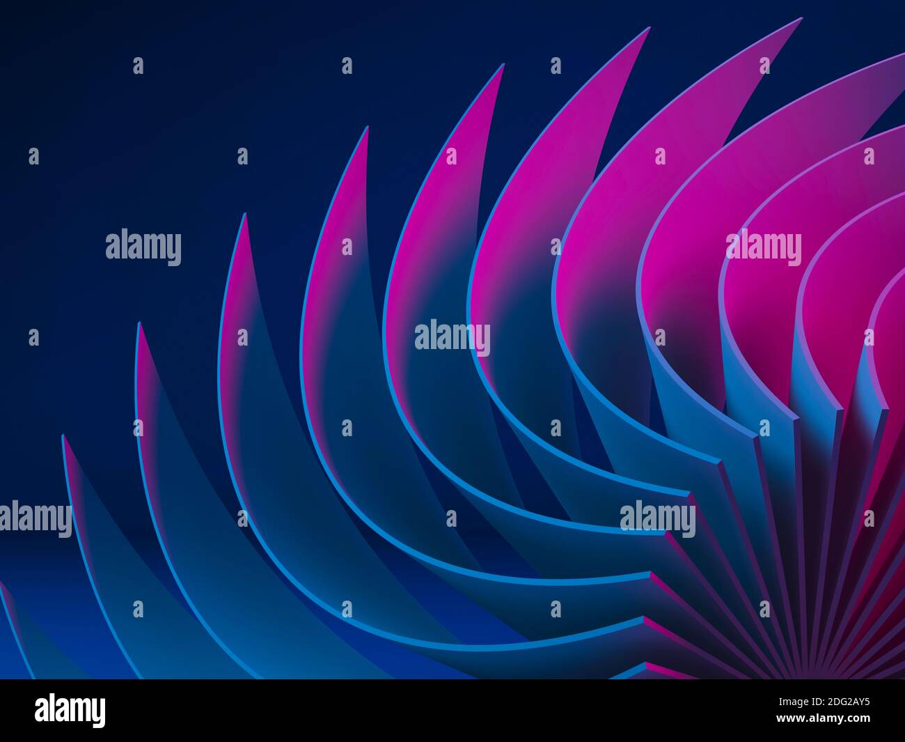 Motif graphique numérique abstrait, structure de feuilles pliées de couleur néon sur fond bleu foncé, illustration de rendu 3d Banque D'Images