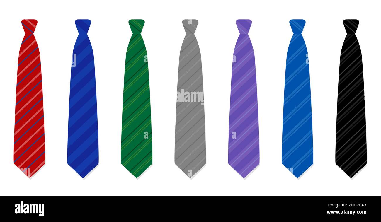 Ensemble de cravates nobles - sept cravates rayées - rouge, bleu marine, vert, gris, violet, bleu et noir - pour chaque jour de la semaine - illustration sur fond blanc. Banque D'Images