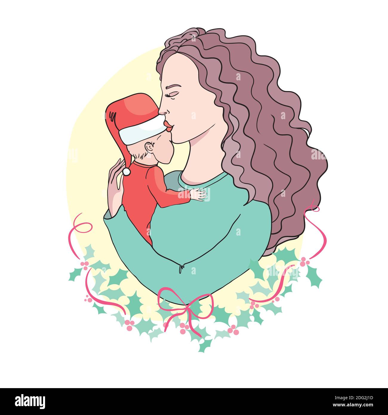 Joyeux Noël. Enfance, bonheur, famille - petite enfant et mère embrassant. Logo vectoriel, conception de texte. Illustration de Vecteur