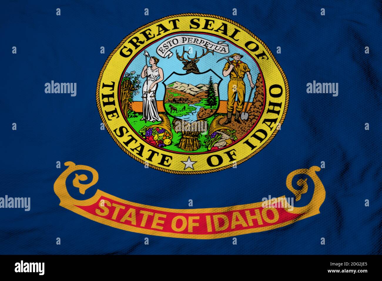 Gros plan plein format sur un drapeau de l'Idaho (États-Unis) en rendu 3D. Banque D'Images