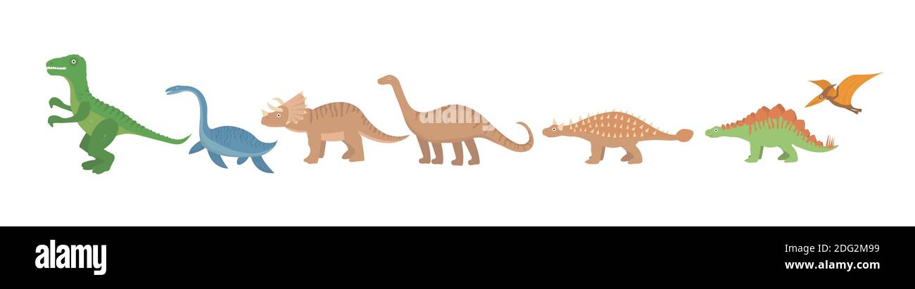 Ensemble d'icônes plates dinosaures, style dessin animé. Collection d'objets avec ptérosaure, stegosaurus, triceratops, allosaurus, tyrannosaurus, apatosaurus Illustration de Vecteur