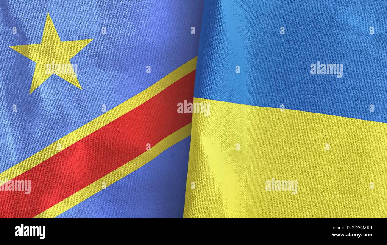 Ukraine et Congo République démocratique deux drapeaux textile tissu 3D rendu Banque D'Images