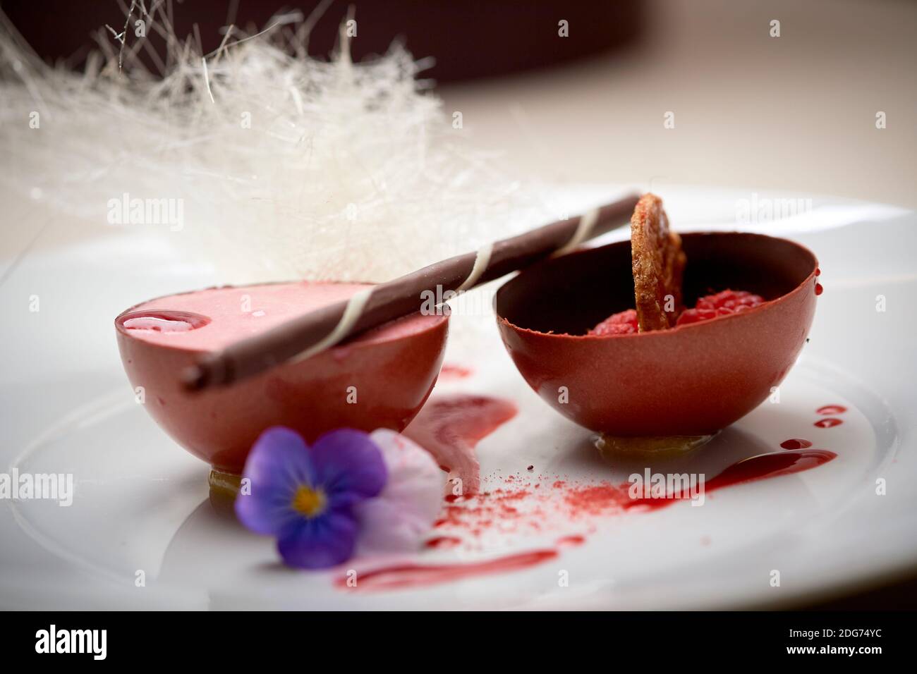 Mousse de framboise dans une sphère de chocolat avec des boucles de chocolat blanc et un coulis de framboise Banque D'Images