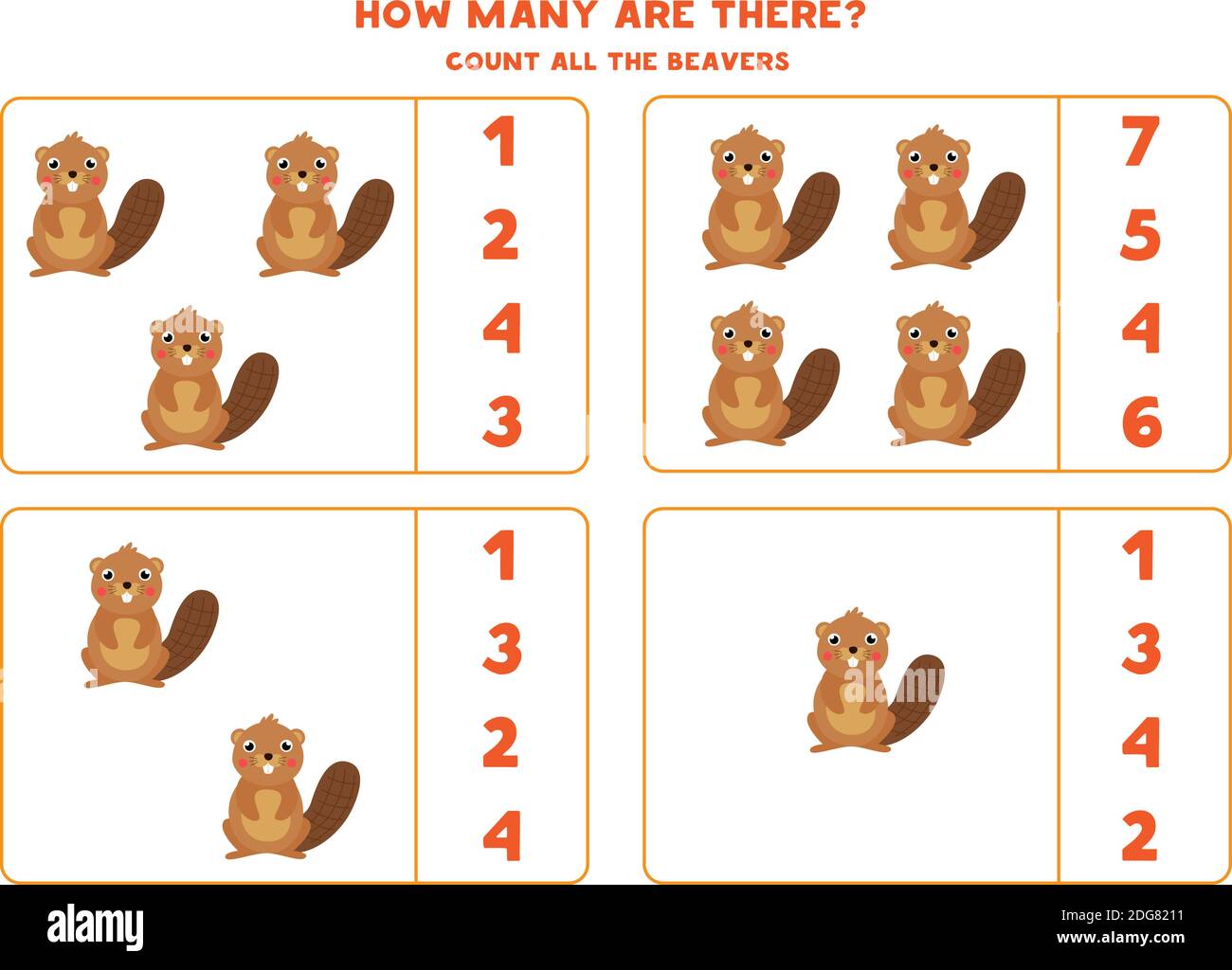 Compter jeu de mathématiques avec de jolis castors de dessin animé. Illustration de Vecteur