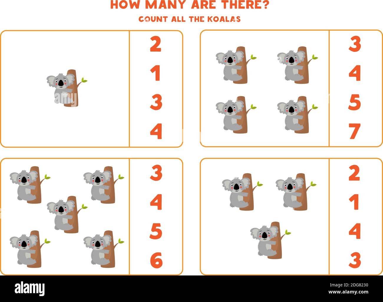 Compter jeu de mathématiques avec mignon dessin animé koalas. Illustration de Vecteur