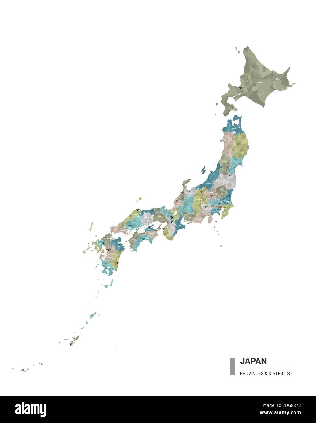 Carte détaillée de l'higt du Japon avec subdivisions. Carte administrative du Japon avec le nom des districts et des villes, colorée par les États et les districts administratifs. Illustration de Vecteur
