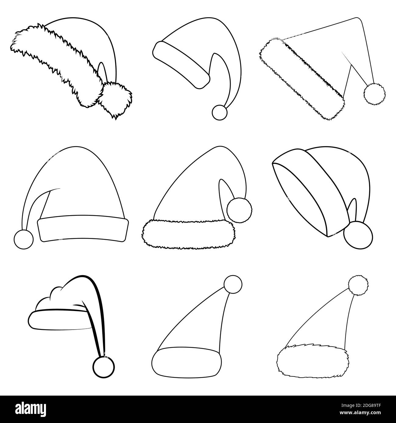 Ensemble contour chapeau Noël Père Noël. Collection de chapeaux de père noël en forme de contour. Groupe d'icônes de Santa Cap isolé sur fond blanc. Symboles simples d'hiver Illustration de Vecteur