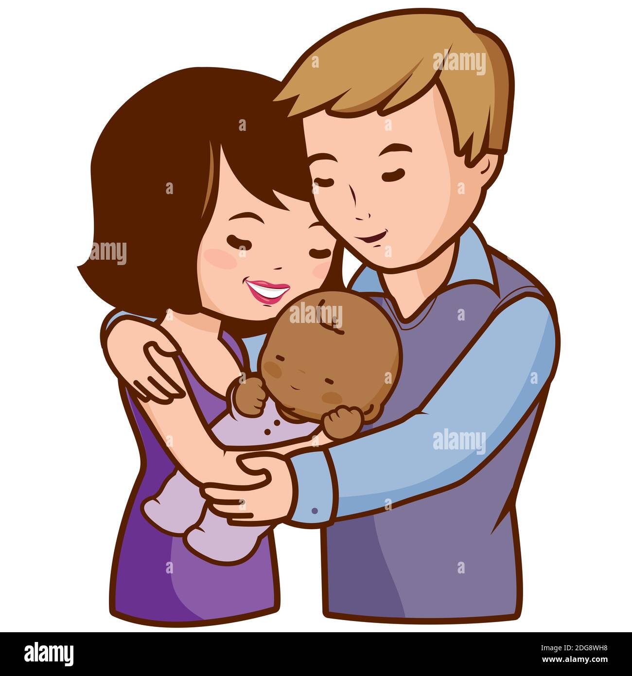 Heureux couple d'homme et de femme tenant leur bébé adopté nouveau-né endormi. Famille d'accueil mignonne, maman, papa et enfant. Banque D'Images